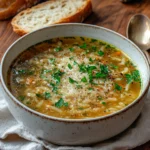 A bowl of Italian pastina soup with tiny pasta stars in golden chicken broth, topped with grated Parmesan and fresh parsley, served on a rustic wooden table.