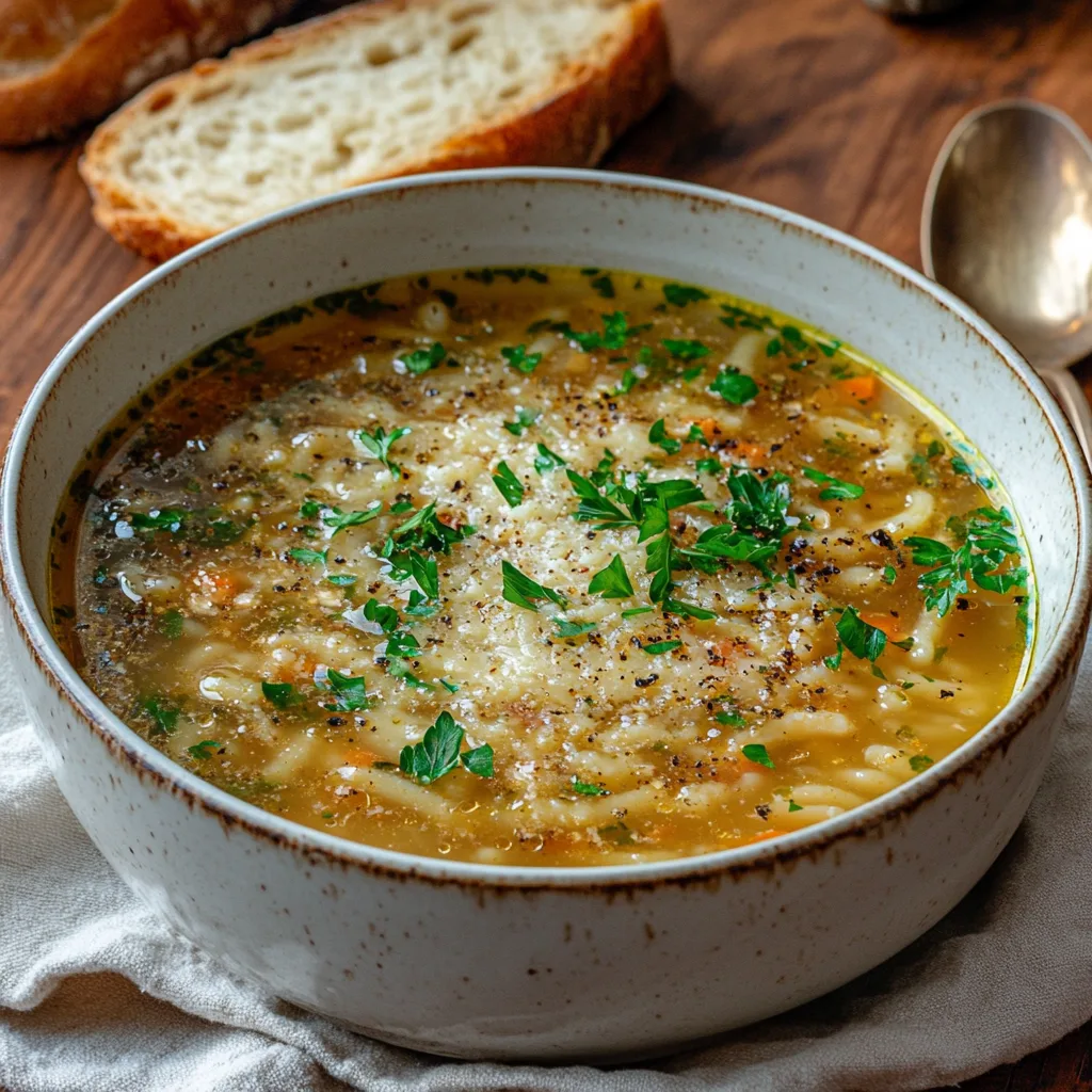 A bowl of Italian pastina soup with tiny pasta stars in golden chicken broth, topped with grated Parmesan and fresh parsley, served on a rustic wooden table.