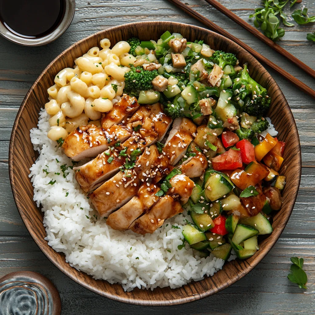 Shoyu Chicken Treasure served with steamed rice, stir-fried vegetables, and a side of Hawaiian macaroni salad on a rustic dinner table.