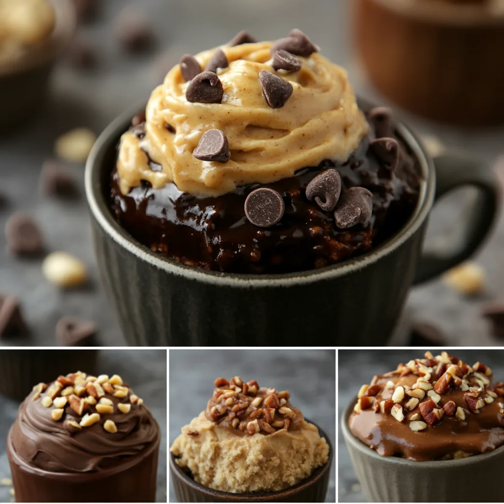 Various toppings for mug cakes, including chocolate chips, peanut butter, and crushed nuts