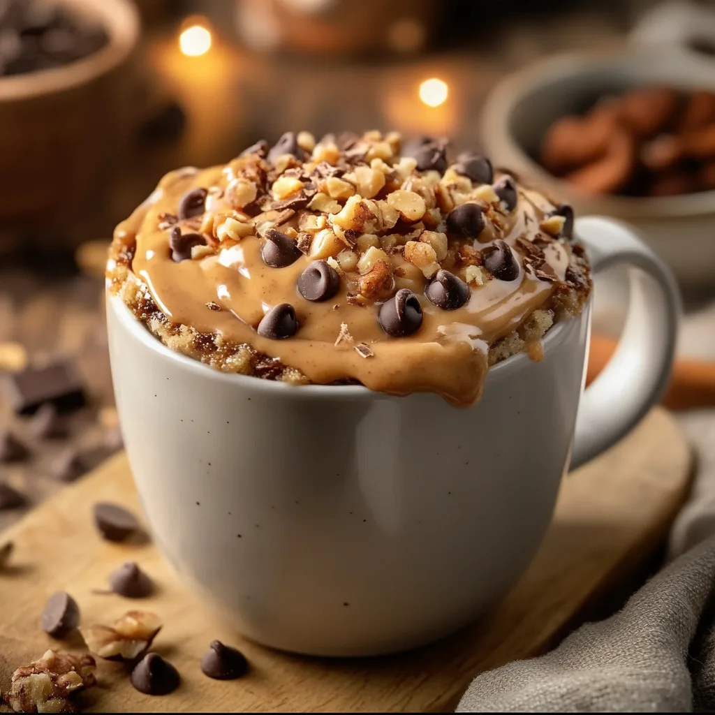 Chocolate mug cake with a gooey center, topped with whipped cream and chocolate chips.