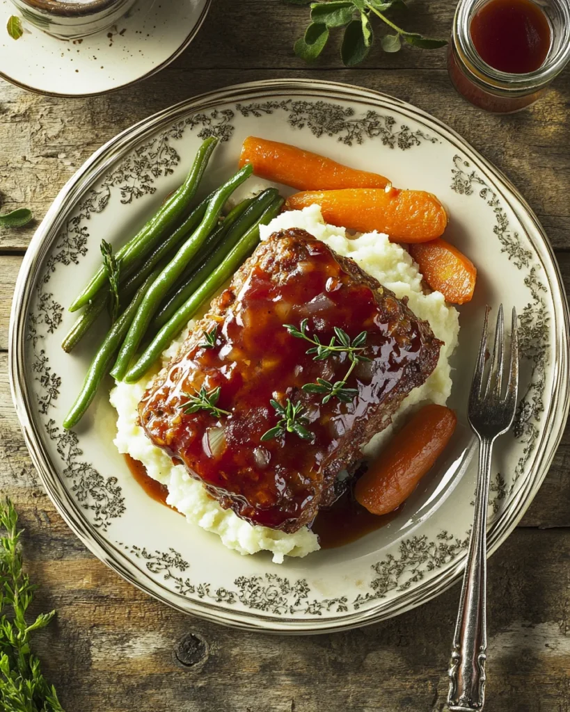 Sliced French Onion Meatloaf topped with melted cheese and caramelized onions on a wooden cutting board, served with mashed potatoes and green beans.