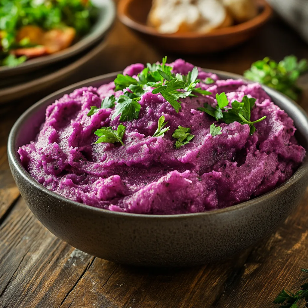 Close-up of creamy mashed purple potatoes garnished with fresh herbs on a rustic wooden table.