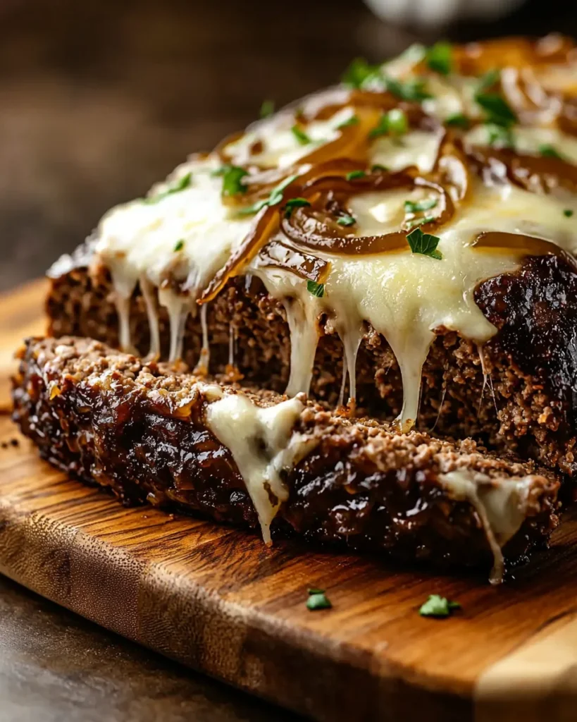 Whole French Onion Meatloaf topped with melted cheese and caramelized onions, resting on a wooden board with no sides.