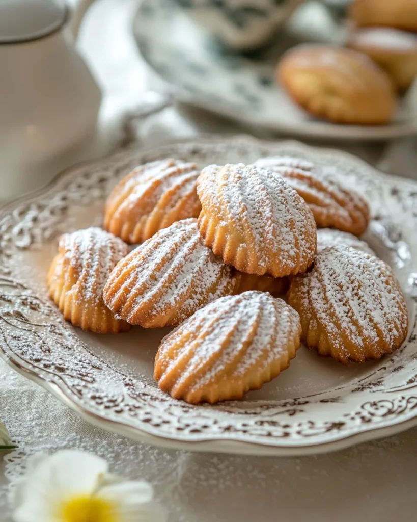 Freshly baked madeleine cookies on a rustic wooden table with a cup of tea