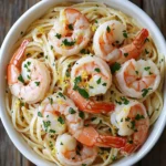 Shrimp scampi served over pasta, garnished with parsley and lemon zest in a white bowl.