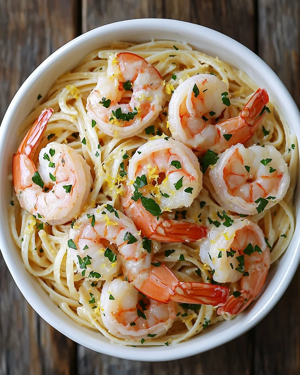 Shrimp scampi served over pasta, garnished with parsley and lemon zest in a white bowl.