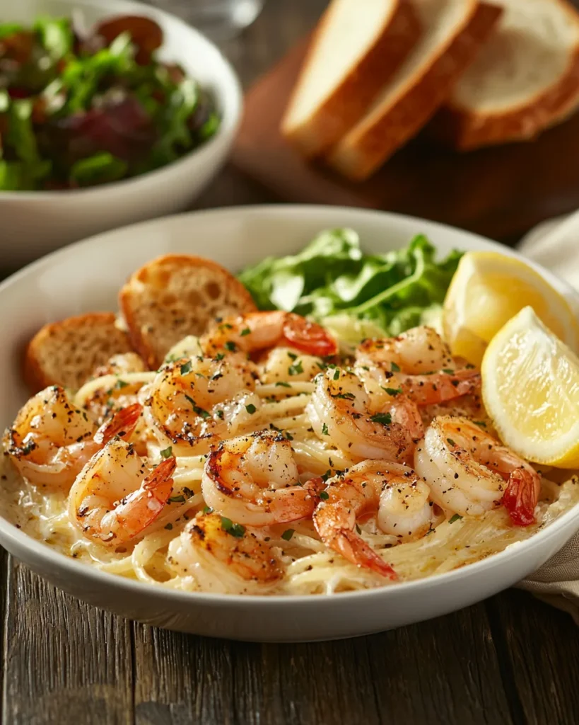 Shrimp scampi plated with pasta, garlic bread, and a side salad on a rustic wooden table.