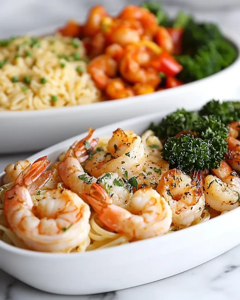 Multiple plates of shrimp scampi shown in different variations—served with rice, pasta, and vegetables.