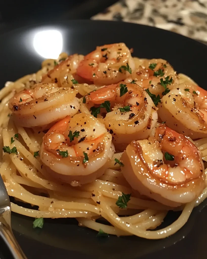 Shrimp scampi served on a black plate with pasta, garlic butter sauce, and parsley garnish.