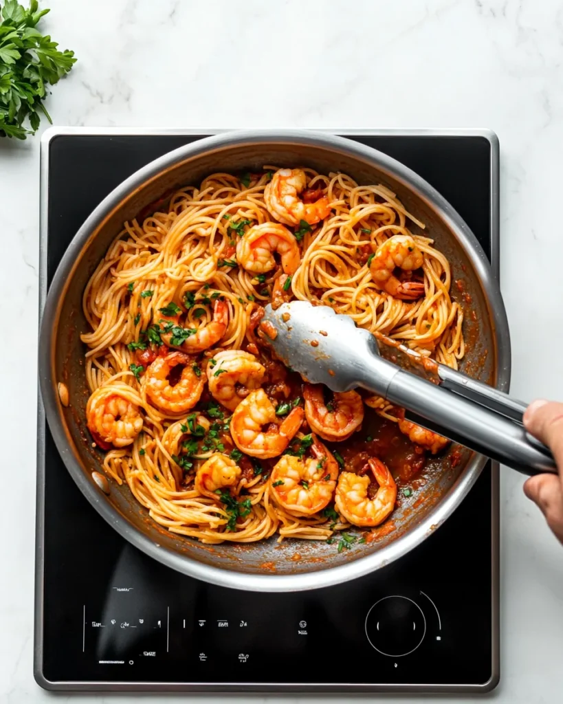 Step-by-step cooking process of shrimp scampi: sautéing garlic, cooking shrimp, tossing pasta in garlic butter sauce.